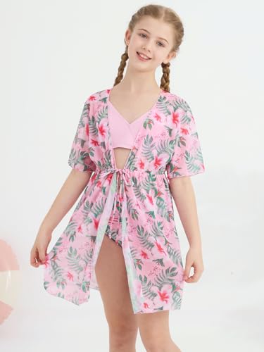 Girls Swimsuit 3 Piece Tropical Print Bikini Set Teens Bathing Suit with Drawstring Quick Dry Cover Up 9-16Y2