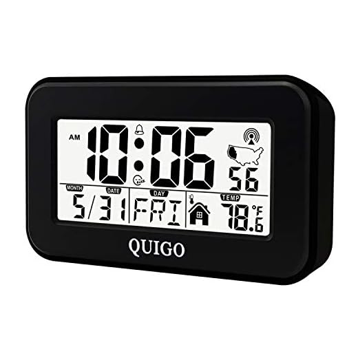QUIGO Digital Alarm Clock Atomic Bedrooms Kids Desk Table Bedside Heavy Sleepers Kitchen Small Smart Battery Operated Travel Temperature (Black)