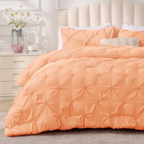 BEDELITE Apricot Queen Comforter Set - 3 Pieces Boho Pintuck Bedding Comforter Sets Lightweight Soft & Warm Bed Comforter Queen with 2 Pillowcases for All Season
