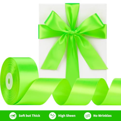 Image of Mauproy 1-1 /2 Inch Wide Lime Green Satin Ribbon, 50 Yards Apple Green Solid Polyester Fabric Ribbon for Roses Making, Gift Wrapping, Flower Bouquets, Wedding Decorations, Handmade Crafts