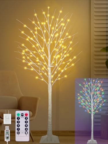 6FT Lighted Birch Tree with 130 LED Warm White and Multicolor Lights 8 Modes Timer Remote Faux Prelit Twig Christmas Tree with Lights for Indoor Outdoor Xmas Holiday Party Decoration