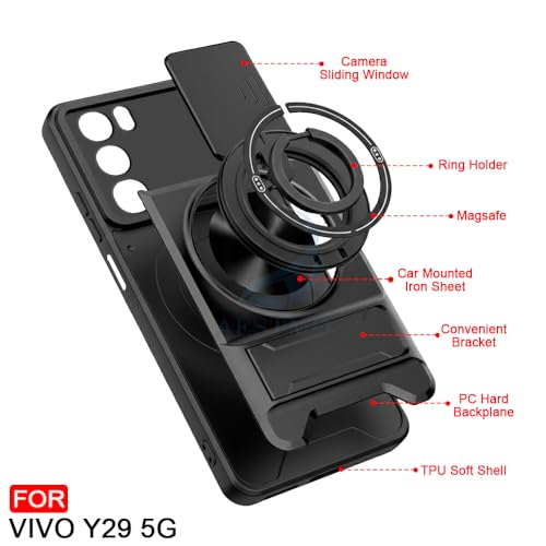 Image of AESTMO Vivo Y29 5G Back Cover | Armor Camera Slider 360 Degree Rotating Finger Ring Holder Case with Bracket Stand Back Case Cover (Compatible with MagSafe Accessories) (Black)