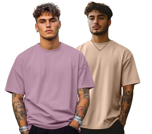 Image of Veirdo Solid Oversized 100% Pure Cotton Combo T-Shirt for Men & Boys (Half Sleeves, Round Neck, Drop Shoulder, Baggy Fit, Pack of 2, Available in S to 2XL