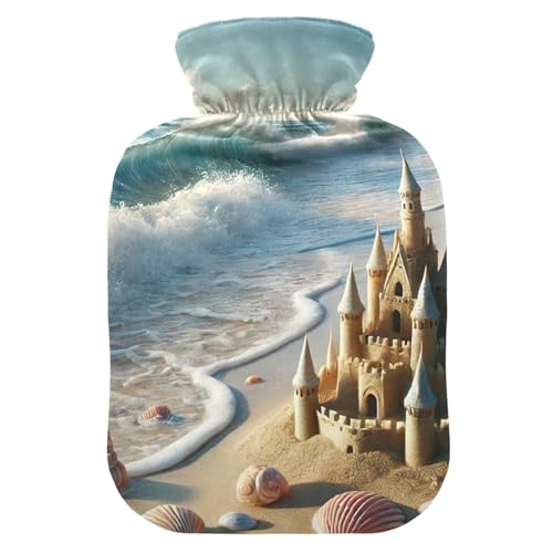 Sea Sandcastle Blue Hot Water Bottle Water Heating Pad Hot Water Bag for Hot and Cold Compress, 1L