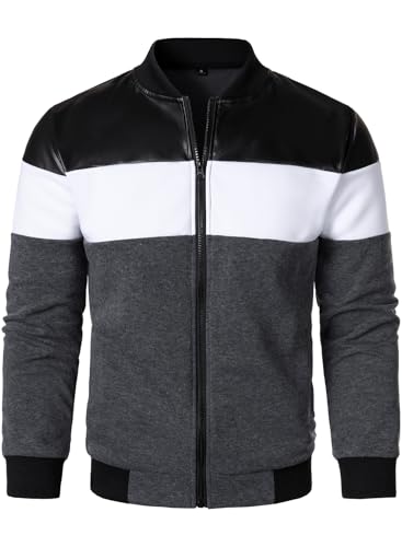 FANARCHER Mens Lightweight Bomber Jacket Casual Zipper Coat Color Block with Faux Leather Varsity Jacket2
