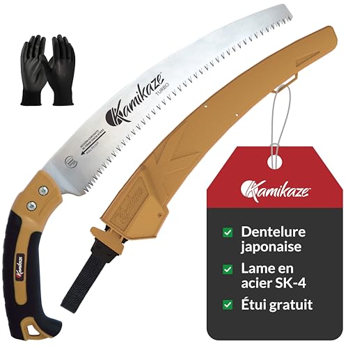 KAMIKAZE Scie d'élagage KM S-330 MAX. 80mm Ø. Livré avec étui. Acier SK-4 denté japonaise. Scie courbée. Fabriqué et conçu en Espagne
