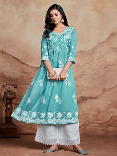 Image of EthnicJunction Women's Silk Blend Regular Fit Chikankari Embroidered Naira Cut Kurta