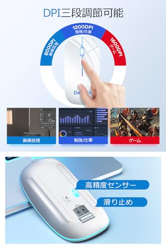 マウス 無線 静音 【極薄デザイン＆高精度センサー搭載】 ワイヤレスマウス 長時間稼働 3段階DPI切替 7色LEDライト付き 2.4GHz接続 節電モデル 光学式 充電式 小型・軽量・左右対称設計 滑らかな動作 省エネ 握りやすく持ち運び便利 旅行・出張・オフィス Windows/Mac/PC対応 (皓白色)