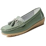 Womens Loafers Soft Leather Casual Walking Penny Flats Boat Moccasins Non-Slip Outdoor Driving Shoes for Ladies Comfortable Office Fashion Classic Lightweight Breathable Shoes Army Green
