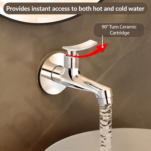 Image of Plantex Long Body Bib Cock Water Tap for Bathroom /Wall Mount Tap for Wash Basin with Teflon Tape & Wall Flange - Pack of 1 (Star, Chrome)