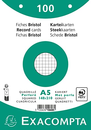 Exacompta 10608E 100er Pack Karteikarten kariert DIN A5 kompatibel mit Druckern 14,8 x 21 cm ideal für die Schule und Universität zum Lernen weiß