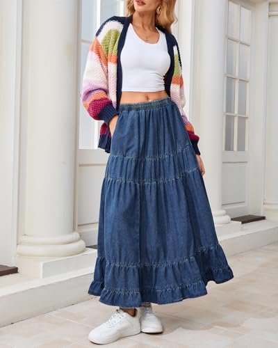 Women's Swing Chambray Maxi Skirt Elastic Waist Pleated Tiered Flowy Long Skirts Retro Denim Skirt3