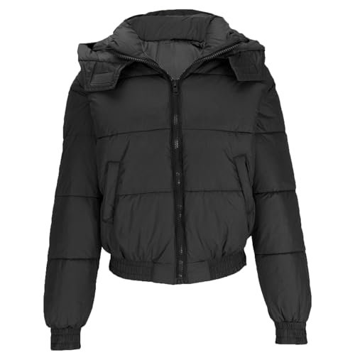 Women's Winter Fashion Crop Puffer Jacket Teen Girl Warm Hooded Cotton Padded Jacket Y2K Pockets Baggy Short Coats4