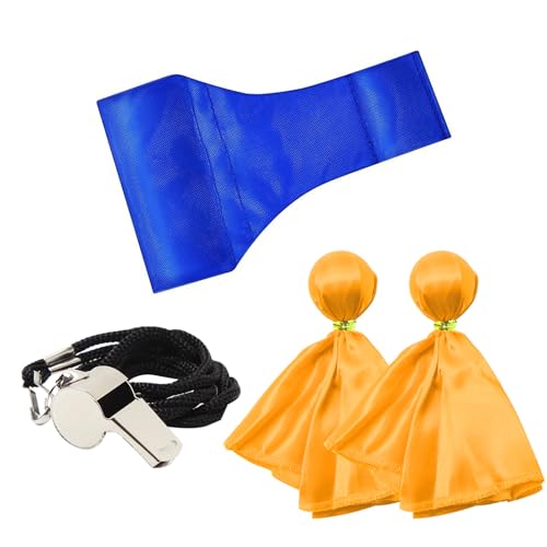 VKT 4Pcs Football Referee Accessories Set 1 Throw Down Single Bean Bag 2 Yellow Penalty Flags 1 Stainless Steel Whistle for Soccer Ref Umpire Coaches Halloween