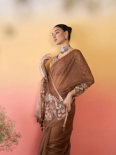 Image of AKHILAM Women's Cotton Printed Saree With Unstitched Blouse Piece