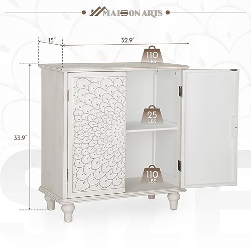 MAISON ARTS White Accent Cabinet with 2 Doors, Farmhouse Distressed Storage Cabinet w/Solid Wood Legs for Living Room Entryway, Kitchen Sideboard Buffet Cabinet, Feather Pattern