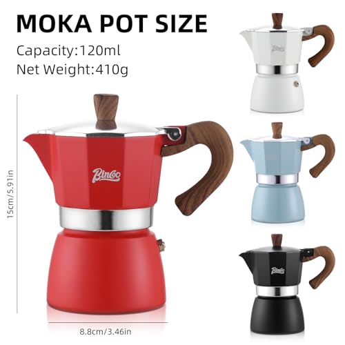 Image of Bincoo Espresso Maker Stovetop,Camping Moka Pot 2 Cup /120ML,Stove Top Espresso Italian Coffee Maker,Easy to Use (Red)