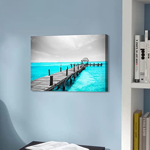 Image of Black and White Coastal Wall Decor Teal Ocean Bathroom Wall Art Mexico Cancun Seascape Canvas Prints Picture Modern Beach Trestle Landscape Artwork 12x16 inch Bedroom Living Room Office Home Decoration