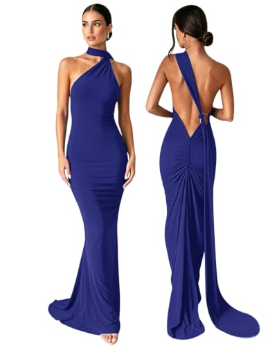 Image of Suillty Women's Sexy Oblique Shoulder Backless Maxi Dress Ruched Back Strap Sleeveless Party Club Long Dresses Bodycon