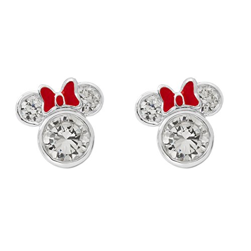 Disney Minnie Mouse Women Jewelry, Sterling Silver Cubic Zirconia and Red Enamel Bow Detail Stud Earrings