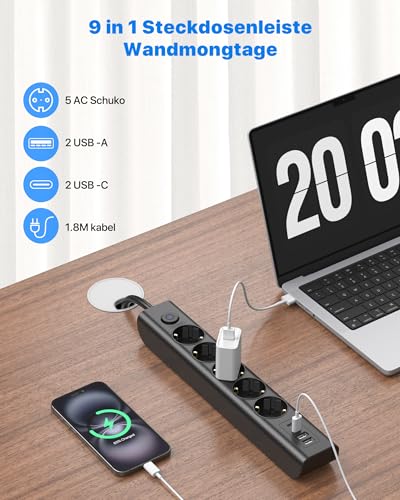 Listwa zasilająca 9 w 1 z USB, 3680 W, listwa zasilająca z przełącznikiem, wtyczka wielokrotna 16 A, z 2 USB C, montaż ścienny, gniazdo rozdzielające do smartfonów, iPAD, kabel 1,8 m, czarna