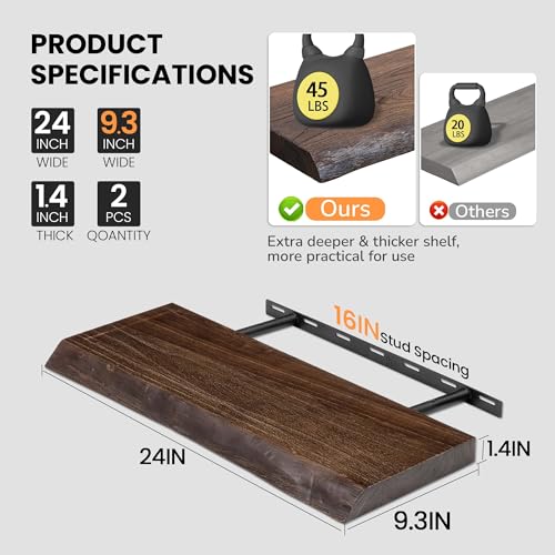 Image of Floating Shelves for Wall, 24 inchx9.3 inch Rustic Solid Live-Edge Elm Wood Wall Shelves, Heavy-Duty Floating Shelves with Invisible Brackets, Set of 2 for Living Room, Bedroom, and Kitchen, Walnut Finish