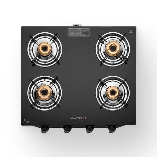 BLOWHOT Ruby 4 Burners Gas Stove Manual Ignition Brass Burners, Heavey Black Powder Coated Body – 1 Year General Warranty (Burner, Gas Valves And Glass – 2 Years) Manual Ignition