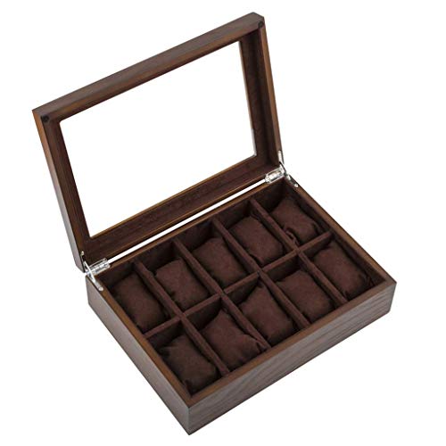 H.yina Affichage de Montres et de Bijoux Boîte à 10 grilles Extérieur en Bois Doublure intérieure intérieure 10 Coussins Amovibles Fermoir en métal Organisateur de vitrine avec Couvercle en Verre Cover