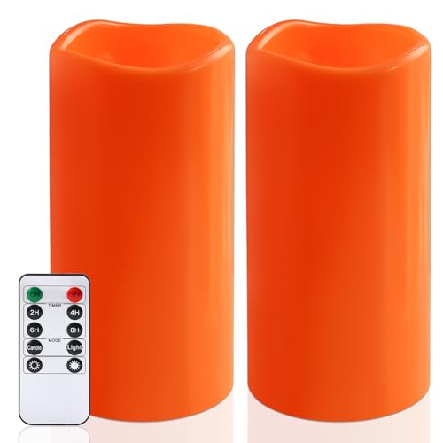 Image of NURADA 8 inch x 4 inch Large Outdoor Flameless Candles - Waterproof LED Pillar Flickering Candle Battery Operated with Timer Remote for Patio Porch Lanterns Halloween Thanksgiving Fall Decor - 2 Pack Orange