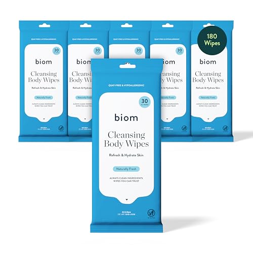Biom Body Wipes - Travel Size 6pk 30ct(180 Wipes) Full Body Cleansing Wipe with Clean Ingredients Thick Plant-Based Wipes for Sweat and Odor Removal - Hypoallergenic Travel Friendly - Naturally Fresh