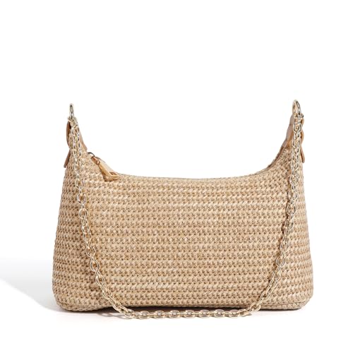 Image of Handmade Straw Tote Bag for Women - Boho Beach Purse with Chain Strap,Summer Market Bag,Eco Friendly Woven Rattan