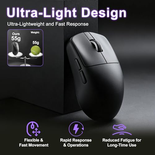 Image of R1 SE+ Gaming Mouse, 18000 DPI, High-Precision PAW3395SE Sensor,55g Lightweight,Three Connection Modes Wireless Mouse, Programmable Ergonomic Mouse Suitable for Laptops /PC /Mac (Black) | High-Precision PAW3395 SE Sensor,55G Lightweight,2.4G /BT5.0 /USB-C , Programmable Ergonomic Mouse Suitable for Laptops /PC /Mac