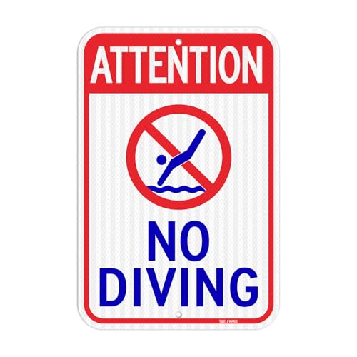 T&R Large Attention No Diving Signs, 18" x 12" Engineer Grade Reflective Sheeting, Rust Free Aluminum, Weather Resistant, Waterproof, Fade Resistant, 2 Pre-drilled Holes