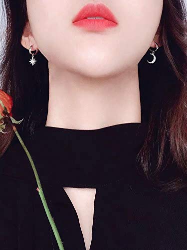 CZ Moon Star Dangle Small Hoop Earrings for Women Girls Sterling Silver with Charms Crystal Asymmetrical Snowflake Crescent Drop Mini Cartilage Clip Jewelry Delicate Fashion Birthday Gifts Best Friend3