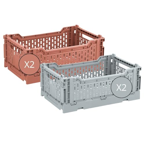 Box and beyond - Lot de 4 Caisses de Rangement pliables - 40 x 30 x 15 cm - Plastique Terracotta et Gris - Pliables - Avec Poignées - Rangement - Cuisine, Bureau, Chambre, Salon - Style Simple