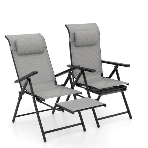 KOMFOTTEU Juego de 2 Sillas de Jardín con Reposapiés Extensible, Sillas de Comedor con Respaldo Ajustable en 10 Posiciones, Tumbona de Playa con Carga de 150 kg, para Balcón, Patio, Piscina