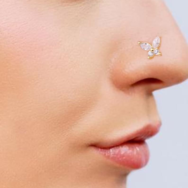 4pcs 20G Nose Rings - L Shaped & Dangle Nose Studs - Stainless Steel Butterfly, Flower & Heart Designs - Body Piercing Jewelry for Women & Men2