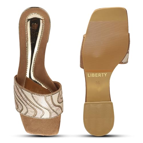Image of Liberty Senorita STY-153E Sliders for Women - Beige & Black Flat Slip-On Slides | Soft Cushioned Footbed, Lightweight Everyday Fashion Footwear for Casual, College, Office, Festive