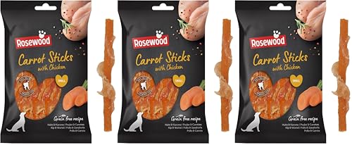 Image of Rosewood Small Chicken and Carrot Sticks for Dogs – Real Meat Treats, Grain-Free, High Protein, Supports Dental Hygiene, No Added Sugar, No Artificial Colours or Flavours (80g) (Pack of 3)