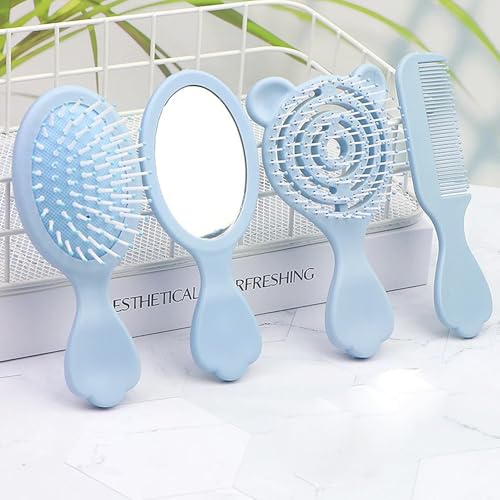 4 Pieces Mini Hair Brush Hair Comb Set For Women Girls Kids Toddler Small Travel Hair Combs Brushes Handheld Mirror Set Hair Care Gift Sets Detangling Comb Massage HairBrush with Air Cushion (Blue)