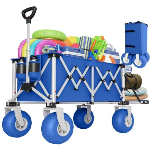 Heavy Duty Beach Wagon with Big Wheels for Sand, 10' Wheel Collapsible Wagons Foldable Large Wagon Cart Folding All Terrain for Camping(Blue)