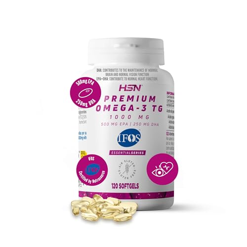 HSN Premium Omega 3 IFOS 5 Estrellas | 120 Perlas | 1000mg Puro Aceite de Pescado (500mg EPA + 250mg DHA) Forma de Triglicéridos Altamente Concentrado | No-GMO Sin Gluten
