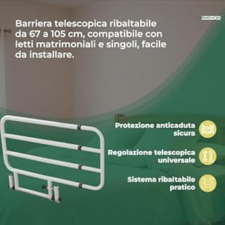 REMEDIA ONE - Sponda Letto Matrimoniale Universale Anticaduta, Sponda Letto Anziani e Disabili Ribaltabile e Regolabile - 67–105 cm