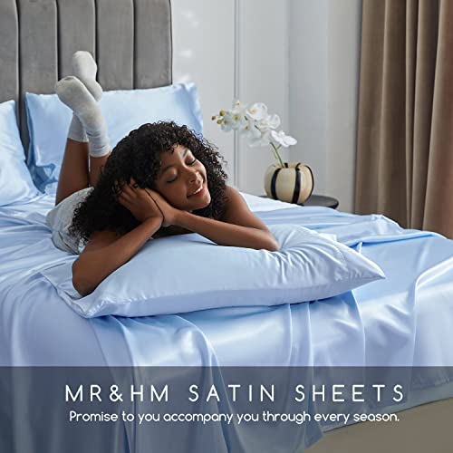 Image of MR&HM Satin Bed Sheets, Full Size Sheets Set, 4 Pcs Silky Bedding Set with 15 Inches Deep Pocket for Mattress (Full, Light Blue)