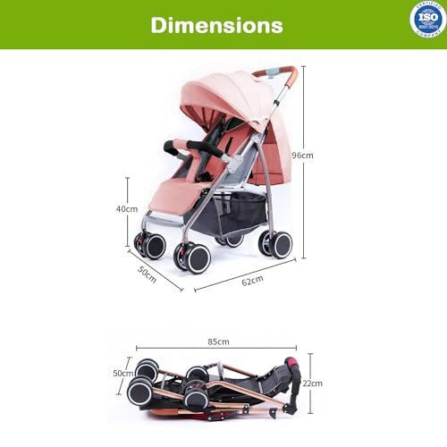 Image of Safe-O-Kid Rover Baby Stroller /Pram with 1 Year Warranty Kid for 0 to 3 Years Travel Friendly with XL Canopy, 5 Point Safety Harness, One Hand Fold, Adjustable backrest, 360 Swivel Wheel - Pink