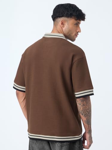 Image of The Souled Store Oversized Polo: Russet Men and Boys Short Sleeve Spread Collar Textured Cotton Blend Everyday Oversized Polos