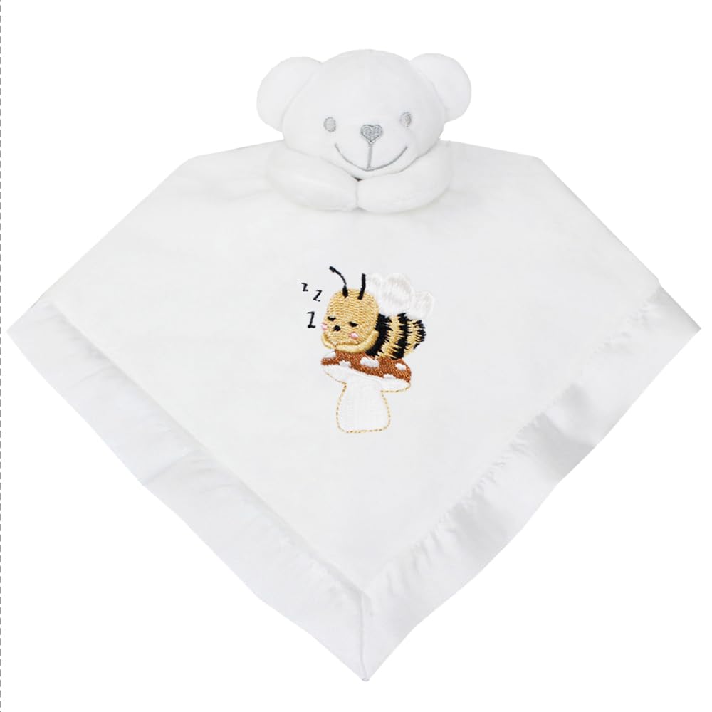 Teddyt's White Baby Embroidered Name And Sleepy Bumble Bee Comforter Blanket (White)