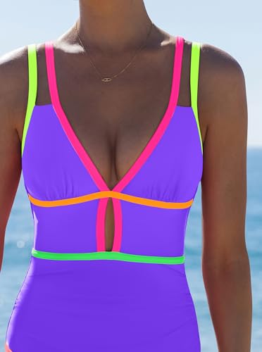 Image of popvil Women One Piece Swimsuit 2026 Tummy Control Sexy Cutout Neon Color Block Bathing Suit Slimming Adjustable Swimwear