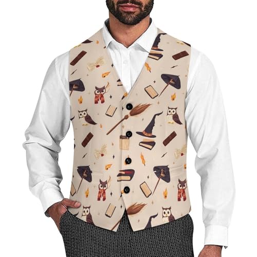 Wizard Hat Books Suit Vest for Men Waistcoat Dressy V Neck Button Down Sleeveless Business Jacket Coat