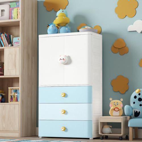 Image of KRISHYAM Kids Storage Cabinet with Drawers & Cupboard | Multi-Purpose Plastic Wardrobe Organizer for Nursery & Kids Room | Toy, Clothes & Accessories Storage (White & Pastel Blue) (Blue)